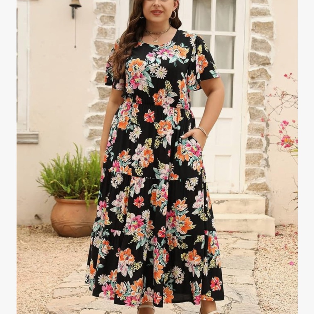 Floral Tiered Black Maxi Dress with Pockets
